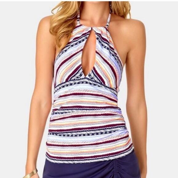 Anne Cole Stormy Seas Striped Front Keyhole Tankini Halter Swim